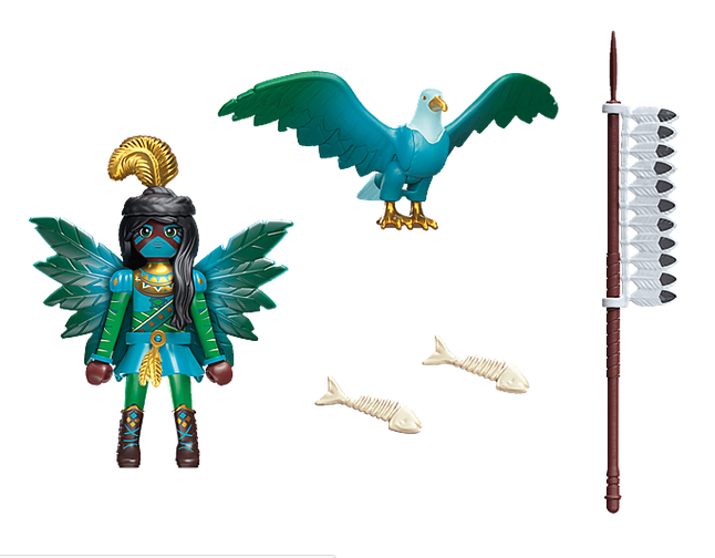 Ayuma | Knight Fairy with Animal playset featuring a blue-green fairy, blue eagle, feather spear, and fish bone accessories.