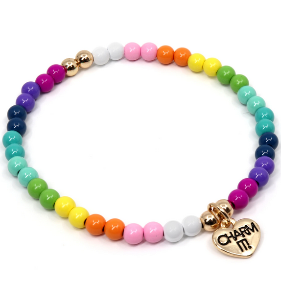 Gold Rainbow Stretch Bead Bracelet with colorful beads and a gold heart charm for stacking and customizing.