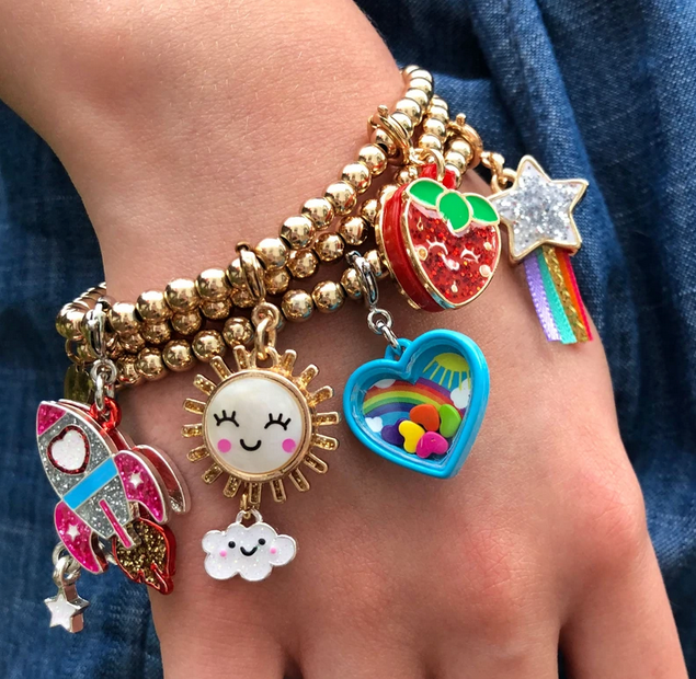 Glitter Rocket Charm with red and silver glitter rocket on gold charm bracelet, perfect for kids ages 4 and up.