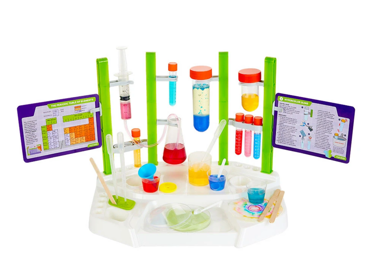 Ooze Labs Chemistry Station with test tubes, beakers, experiment cards, and colorful safe chemistry tools for kids.