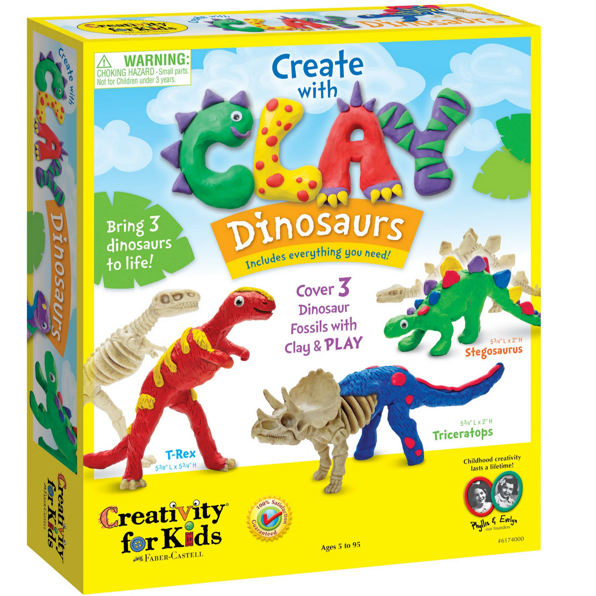Create with Clay Dinosaurs kit with 3 dinosaur skeletons and colorful clay for creative STEAM play ages 5+.