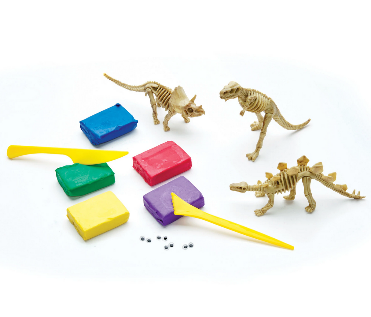 Create with Clay Dinosaurs kit with three plastic dinosaur skeletons, colorful clay blocks, modeling tools, and wiggly eyes.