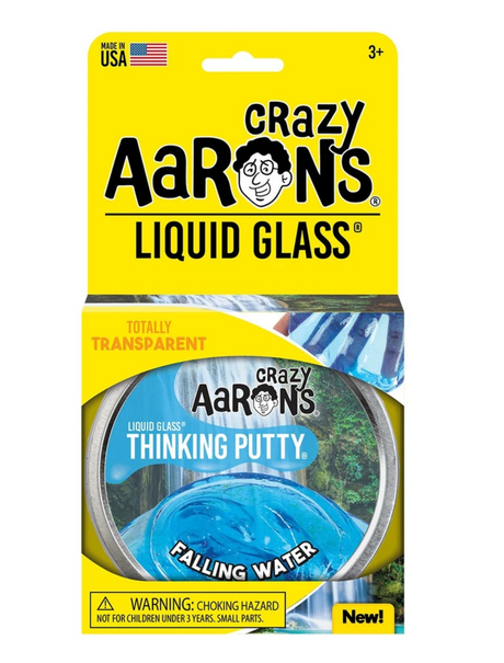 Crazy Aaron’s Liquid Glass Falling Water Thinking Putty in crystal-clear blue with iridescent edges for relaxing play.