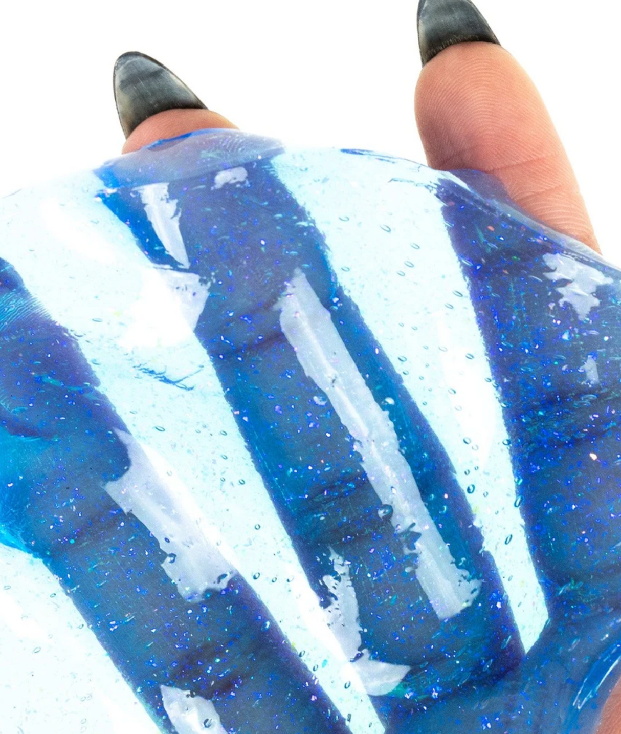 Close-up of hand stretching Liquid Glass Falling Water Thinking Putty with shimmering blue and iridescent water-like texture.