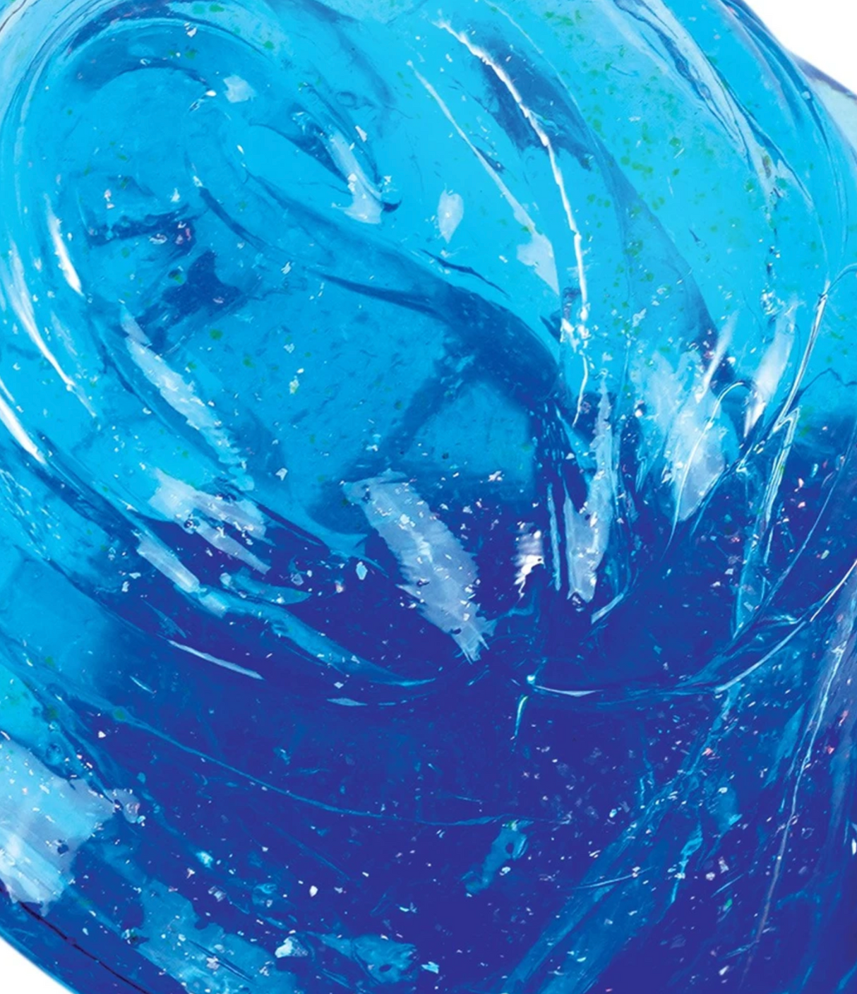 Close-up of the crystal-clear blue Liquid Glass Falling Water Thinking Putty with shimmering iridescent edges.