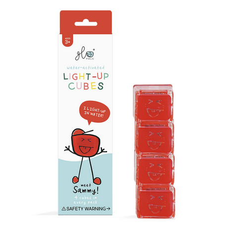 Glo Pals Red light-up cubes that glow red in water, featuring Sammy character, pack of four for kids ages 3 and up.