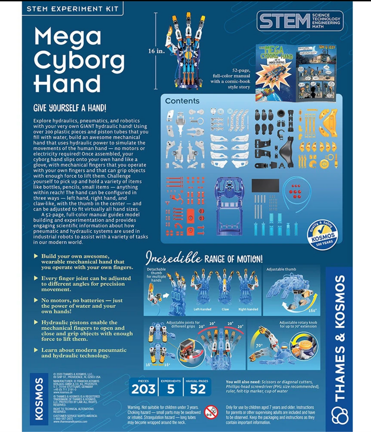 Mega Cyborg Hand hydraulic mechanical glove kit with adjustable fingers and pneumatic motion for STEM learning.