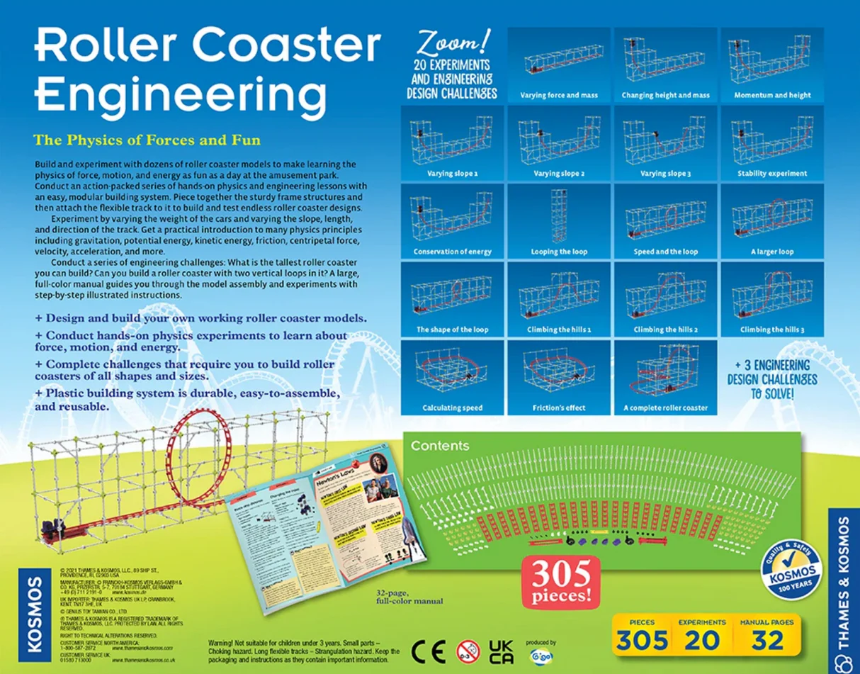Roller Coaster Engineering product showing modular pieces and physics experiments for building roller coaster models.