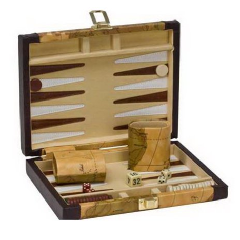 Backgammon | Old Map 9 travel board with antique map design, magnetic pieces, dice cups, and dice in a portable case.