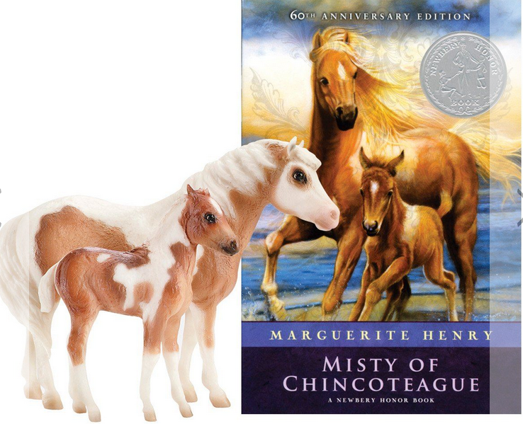 Misty & Stormy with Book showing 1:9 scale mare and foal figures alongside Misty of Chincoteague novel.