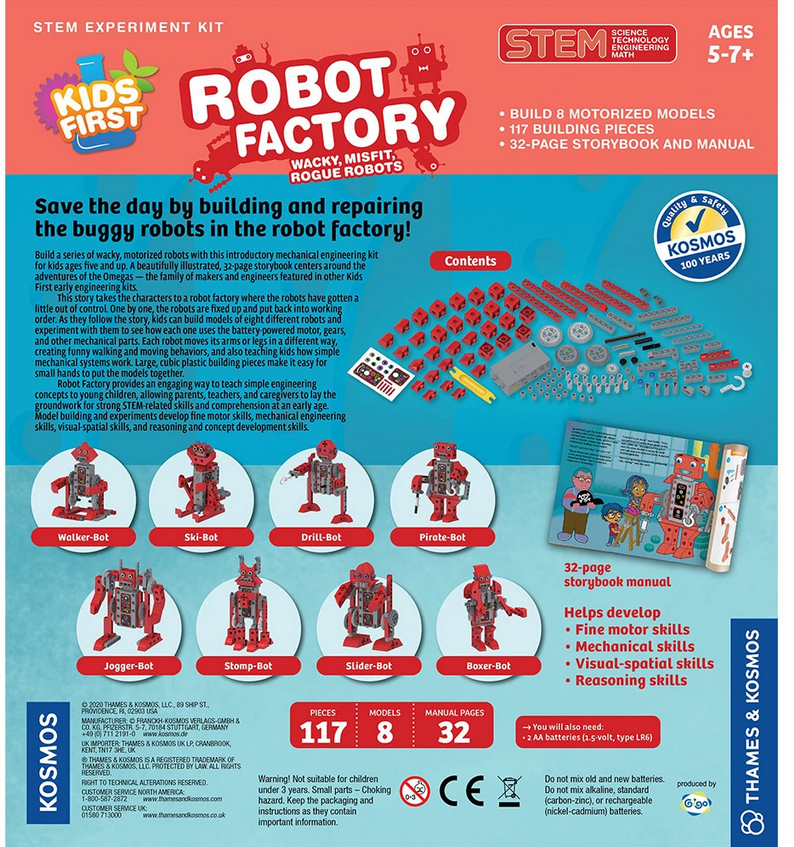 Robot Factory STEM kit box showing motorized robot models, storybook, and building pieces for kids ages 5 and up.
