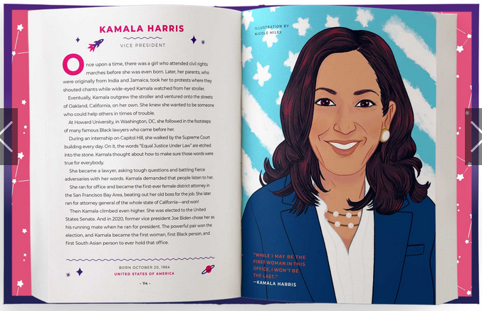 Good Night Stories for Rebel Girls: 100 Real-Life Tales of Black Girl Magic book open to Kamala Harris biography and illustration.