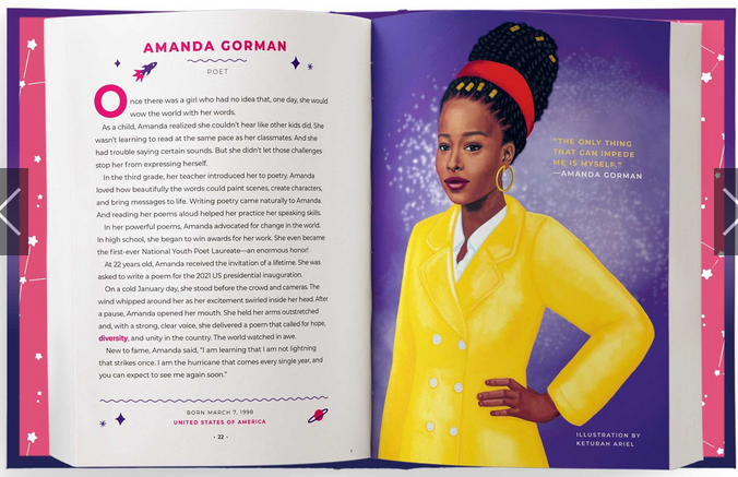 Good Night Stories for Rebel Girls: 100 Real-Life Tales of Black Girl Magic open to Amanda Gorman's inspiring story and portrait.