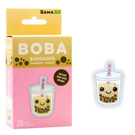 Boba Tea Bandages featuring cute boba tea design, sterile, latex-free, self-adhesive bandages for kids and adults.