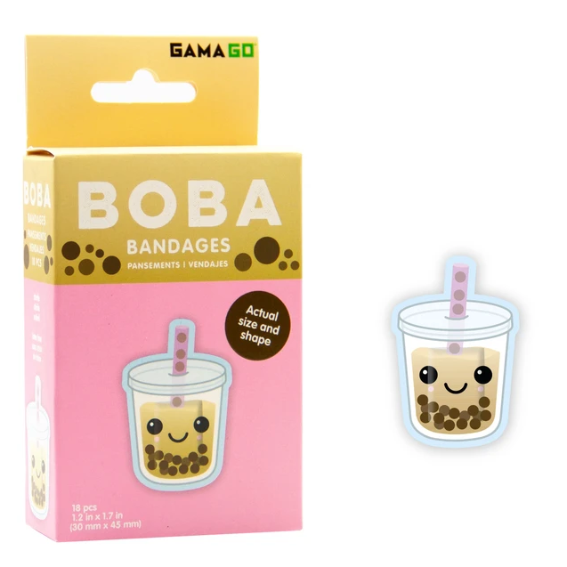 Boba Tea Bandages featuring cute boba tea design, sterile, latex-free, self-adhesive bandages for kids and adults.