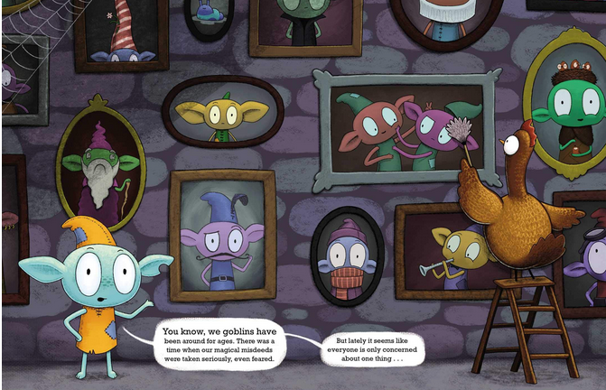 Illustration from Dragons Are the Worst! showing Gilbert the Goblin with whimsical goblin portraits on a stone wall background.