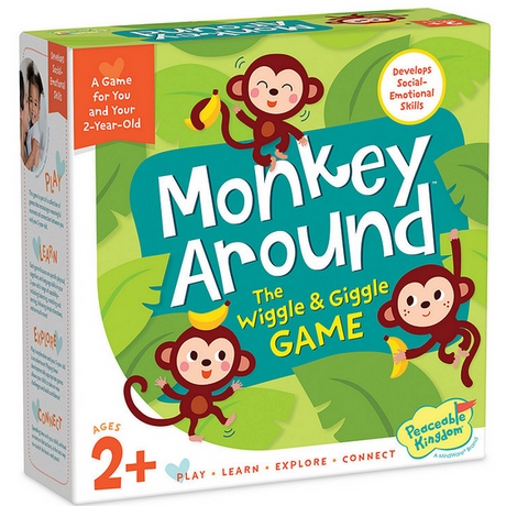 Monkey Around game box featuring three playful monkeys and a banana, designed for kids ages 2+ to move and learn.