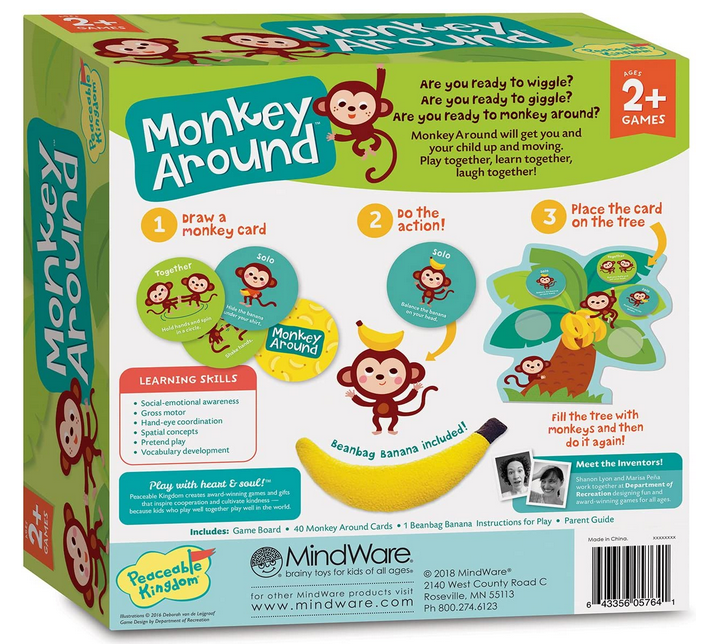 Monkey Around game box showing colorful cards, game board, and bean bag banana for active play with toddlers.