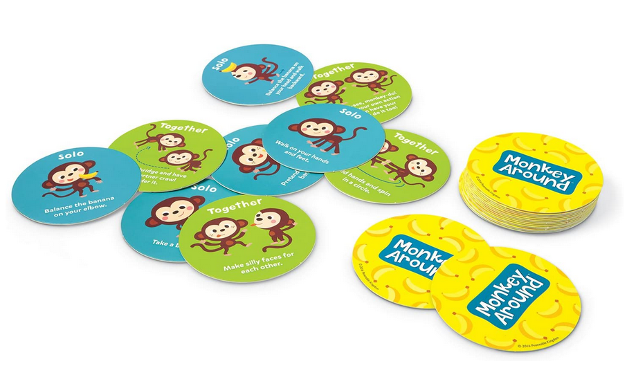 Monkey Around game cards showing playful monkey illustrations with movement prompts for kids, including solo and together activities.