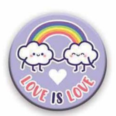 Love is Love Button featuring a smiling rainbow and clouds design on a purple background with a heart.