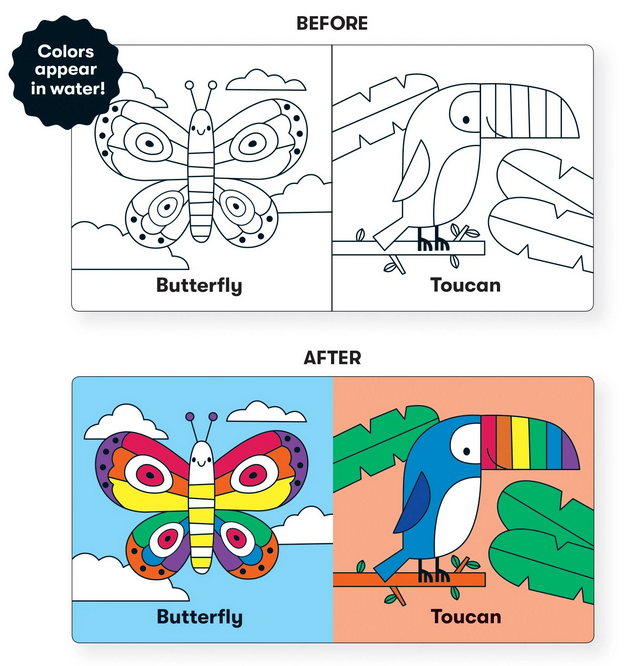 Bath Book Color Magic | Wild Rainbow shows black and white butterfly and toucan images that reveal vibrant colors when wet.