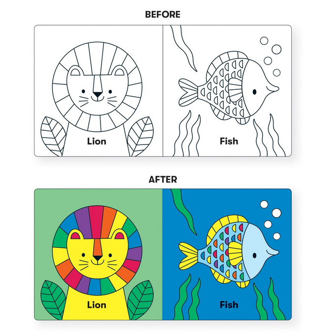 Bath Book Color Magic | Wild Rainbow shows lion and fish coloring magically appear on bath book pages when wet.