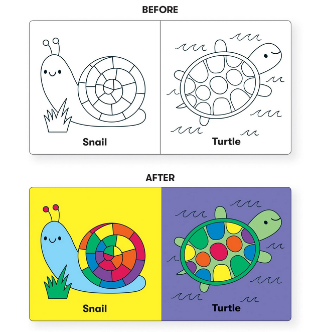Bath Book Color Magic | Wild Rainbow showing color-changing snail and turtle pages before and after water contact.