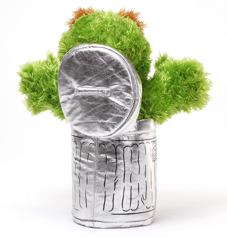 Oscar the Grouch plush toy from Sesame Street in a silver trash can with green fur and orange eyebrows.