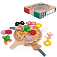 Perfect Pizza Play Set with wooden pizza, toppings, slicer, and oven delivery box for imaginative Italian cooking fun.