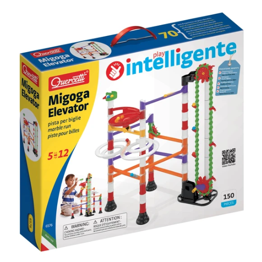 Migoga Elevator Marble Run toy set with interlocking chutes, spirals, and elevators for creative marble play.