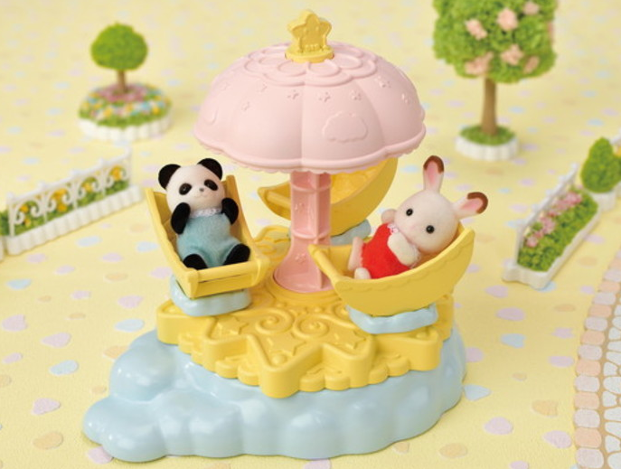 Baby Star Carousel toy with moon-shaped seats and star parasol, featuring panda and bunny baby figures for imaginative play.