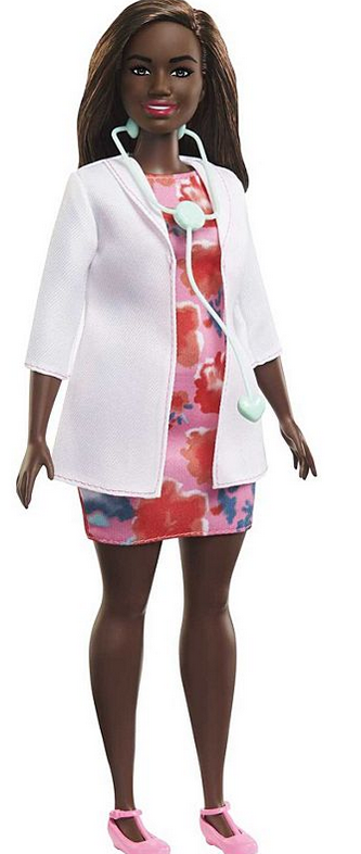 Barbie Doctor Doll wears a floral dress, white doctor's coat, and stethoscope, inspiring kids to dream big in healthcare careers.