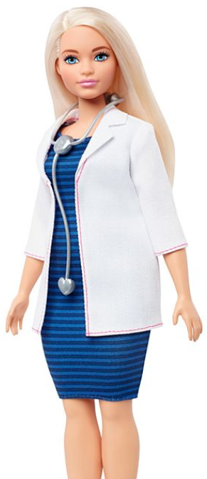 Barbie Doctor Doll wearing a white coat and stethoscope over a blue striped dress, inspiring young career dreams.