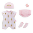 14in Layette Set with pink flamingo onesie, matching hat, socks, cloth diaper, and pacifier for dolls.