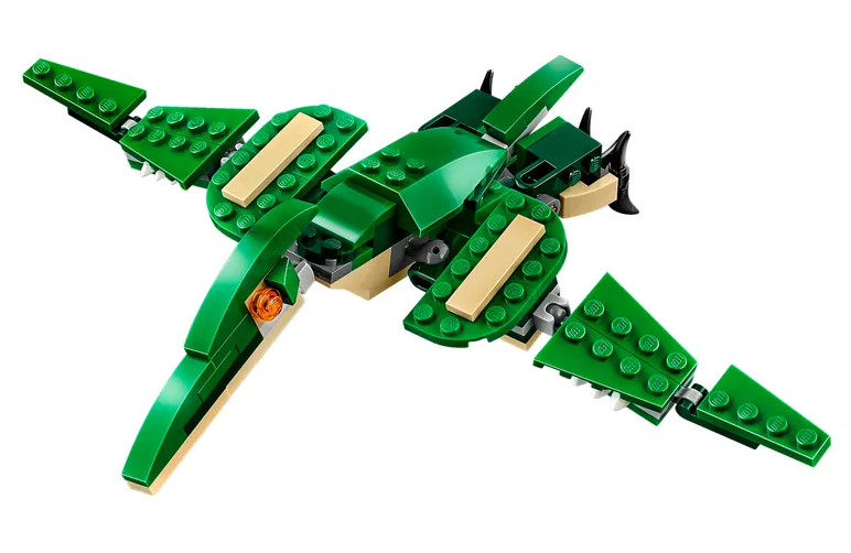 Creator Mighty Dinosaurs green and beige Pterodactyl model with posable wings and detailed build elements.