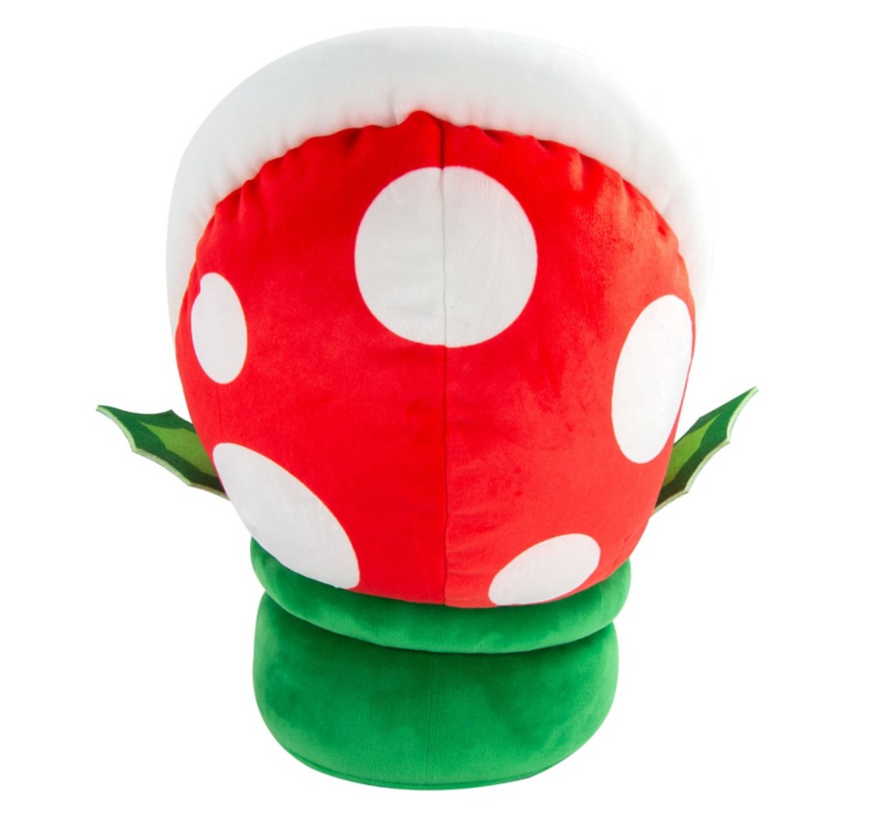 Super Mario Piranha plush toy with soft red and white head and green stem, perfect for hugs and play.