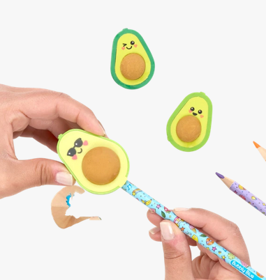 Avocado Love Erasers featuring three cute green avocado-shaped erasers and a pencil sharpener with smiley faces.