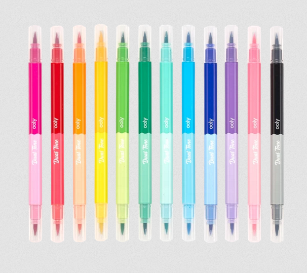 Set of 12 Dual Tone Brush Markers with double-ended brush tips in vibrant complementary colors for art and writing projects.