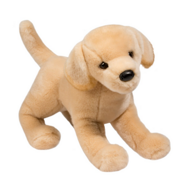 Yellow Lab Mandy plush puppy with creamy yellow fur and soulful brown eyes, 16 inches long and lifelike.