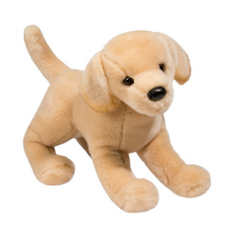 Yellow Lab Mandy plush puppy with creamy yellow fur and soulful brown eyes, 16 inches long and lifelike.