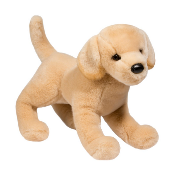 Yellow Lab Mandy plush puppy with creamy yellow fur and soulful brown eyes, 16-inch cuddly stuffed Labrador.