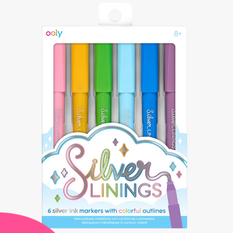 Silver Linings Markers set of 6 colorful self-outlining silver ink markers for creative art projects.