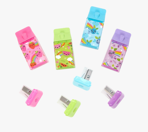Lil Juicy Box Eraser & Sharpener set in assorted fruity scents with colorful, playful juice box designs.