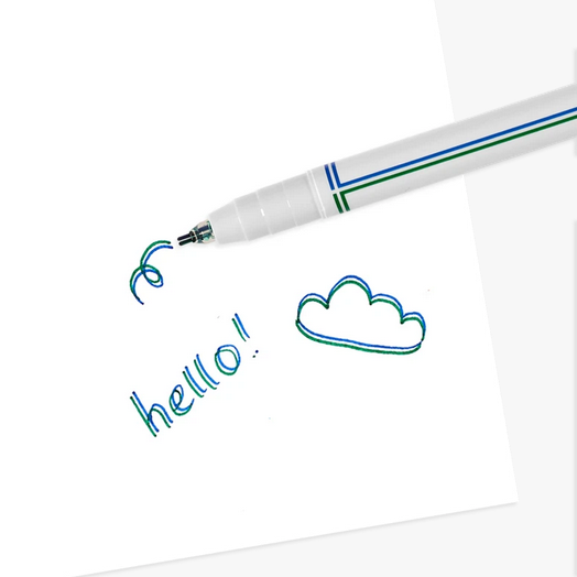 Seeing Double Felt Tip Markers showing blue and green double color effects on white paper with "hello" and cloud doodle.