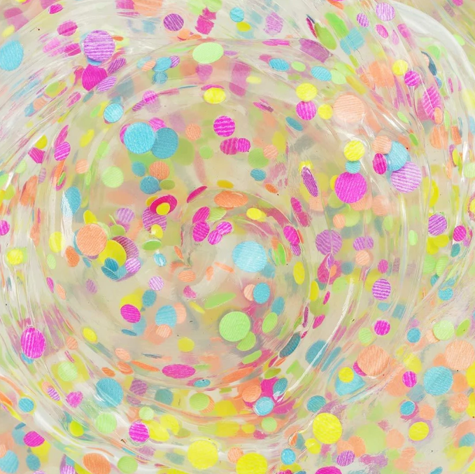 Clear Mini Trendsetters Funky Fidget Thinking Putty with vibrant rainbow dots and a soft, satisfying texture for ages 3+.