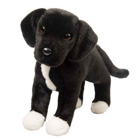 Black Lab Pit Mix Twist plush dog with black fur, white chest and paws, lifelike amber eyes, standing on white background.