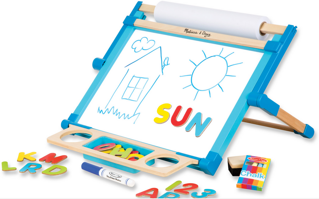 Magnetic Tabletop Easel with double-sided board, paper roll holder, markers, chalk, magnets, and art supply tray for kids.