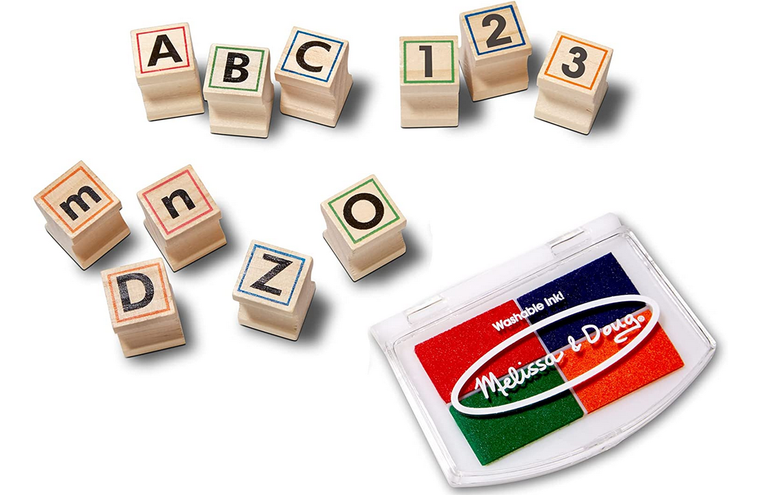 Stamp Kit ABC Activity Set with wooden letter and number stamps and a washable four-color ink pad for kids' creative learning.