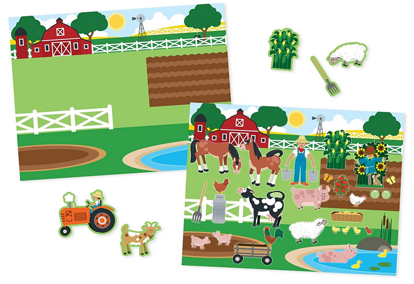 Sticker Pad Habitats featuring a farm scene with reusable stickers of animals, tractor, and farmer for kids’ play.