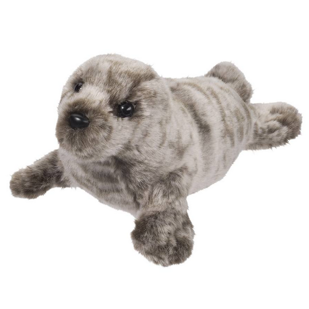 Harbor Seal Miki plush toy lying down with silvery speckled soft fur and bright, friendly eyes.